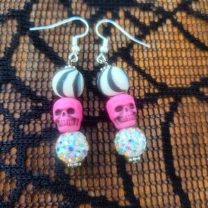 Candy Sparkle Pink Skull Striped Dangle Earrings